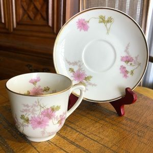 Vintage GDA Limoges France Pink Flower Trimmed in Gold Demitasse Teacup & Saucer